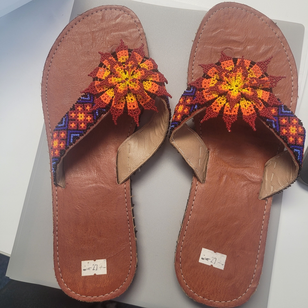 New Handcrafted Beaded Sandals - Brown and Orange